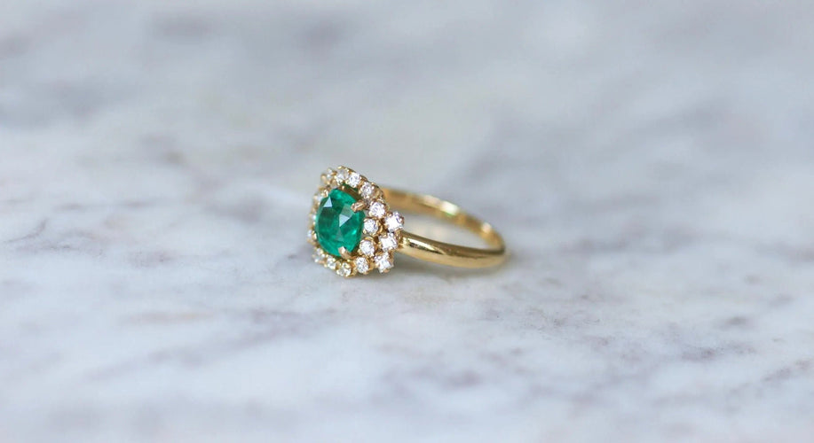 Bague 56 Bague Or Jaune Emeraude 1,52 Ct et Diamants 58 Facettes