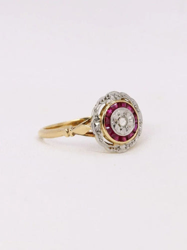 Bague 50 Bague Art Déco ronde or jaune diamants rubis 58 Facettes J389