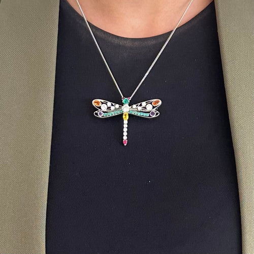 Libellen-Brosche aus Weißgold, Edelsteine und Diamanten 