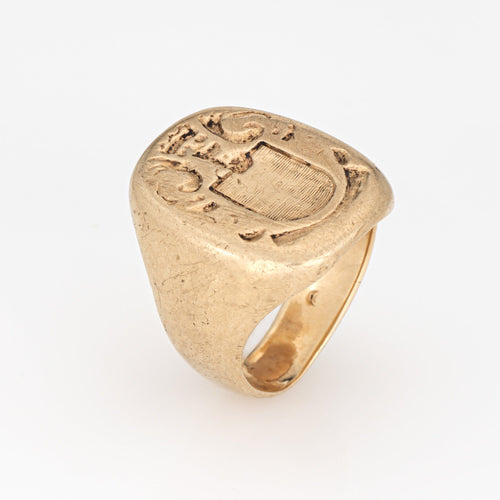 Bague Chevalière Art déco vintage avec blason familial, or jaune 14 carats, taille 7,5 58 Facettes G14015
