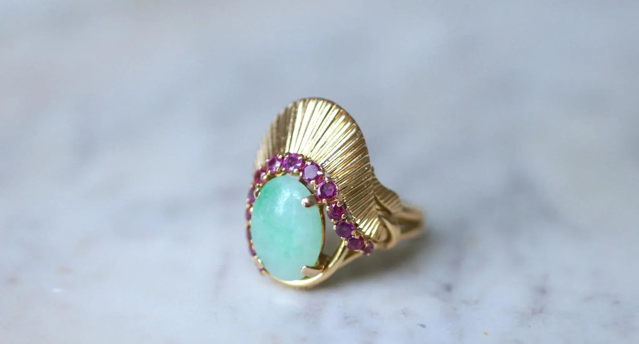 Yellow gold jade ruby cocktail ring