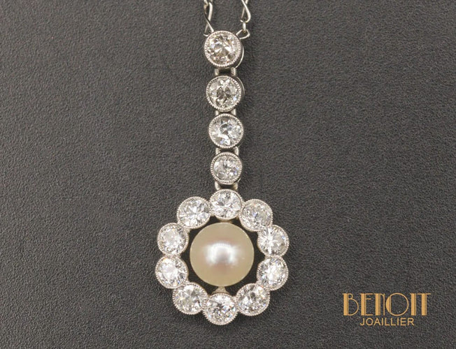 Pendentif Pendentif platine perle diamants 1920 58 Facettes A10548