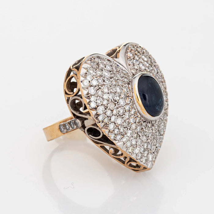 Bague 1960s Huge Heart Ring 2.50ct Pave Diamond Sapphire 18k Yellow Gold Sz 8 58 Facettes G12439