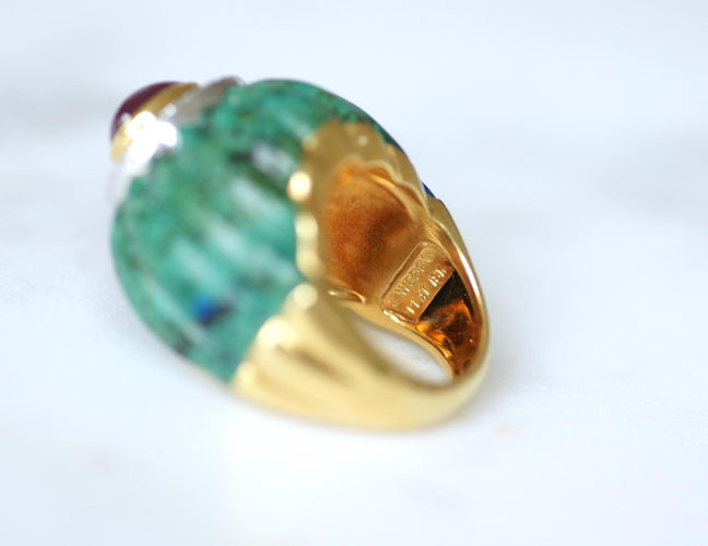 Bague 53 David Webb - Bague Boule Azurmalachite, Rubis, et Diamants en Or Jaune 58 Facettes