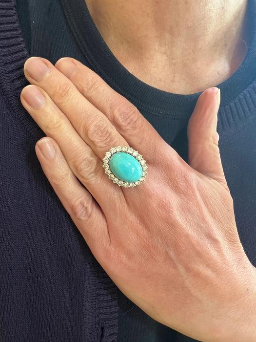 Bague 57 Bague pompadour cabochon turquoise diamants platine or blanc 58 Facettes B338