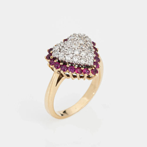 Bague Vintage Pave Diamond Ruby Heart Ring 14k Yellow Gold Sz 5 Cocktail Fine Jewelry 58 Facettes G13502