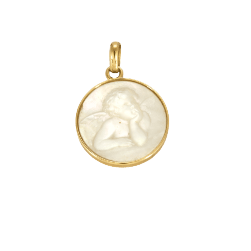 Pendentif Médaille en nacre et or jaune 18kt ange Raphaël 58 Facettes