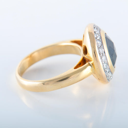 ПРЪСТЕН ОТ ЖЪЛТО ЗЛАТО 14К С ХЕМАТИТНИ ДИАМАНТИ И МОЙСАНИТИ