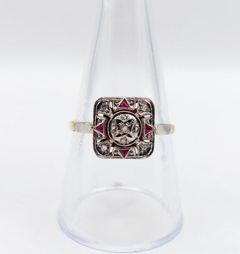 Ring Art Deco hvitt gull, rosenkuttede diamanter og syntetiske rubiner (ca. 1920) 