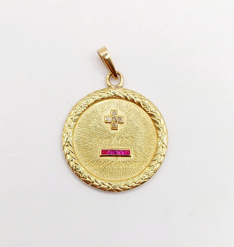 Pendentif Augis - Pendentif médaille d'amour 23 mm en or 18k, diamant et rubis 58 Facettes A06356