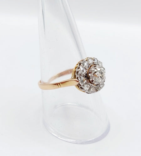 Antik ring Prästkrage i 18k roséguld och Platina, gamla slipade diamanter 