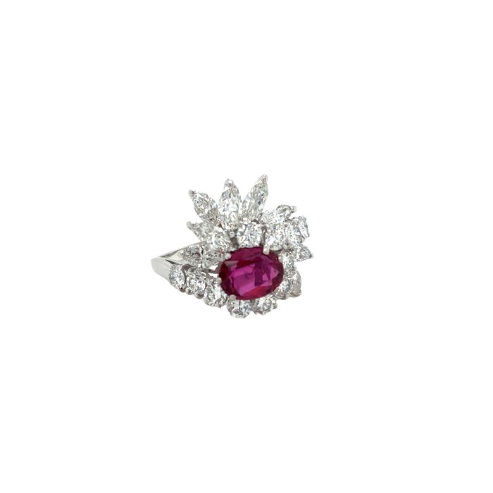 70s Cocktail Ring White Gold Ruby Diamonds