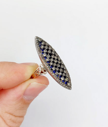Bague 55.5 Bague marquise « Au firmament » en or rose 18K, émail bleu et marcassite 58 Facettes A06380