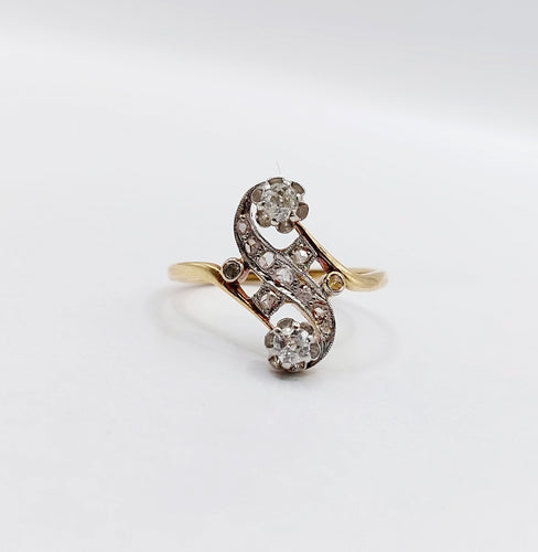 Bague 54.5 Bague toi et moi antique or jaune, platine et diamants 58 Facettes A05752