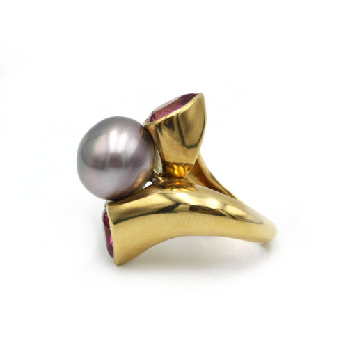 Bague 52 Bague or jaune 18K perle tourmalines roses 58 Facettes 1069