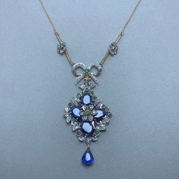 Yellow gold necklace silver diamonds sapphires emeralds