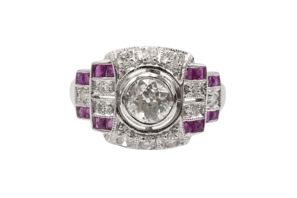 Bague 54 Bague Art Déco géométrique en or blanc 14k avec diamants et rubis 58 Facettes 11204