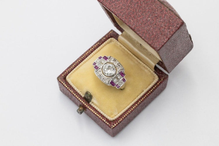 Bague 54 Bague Art Déco géométrique en or blanc 14k avec diamants et rubis 58 Facettes 11204