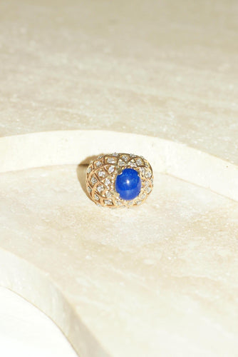 Bague 52 Bague Cocktail rétro or jaune, Lapis Lazuli et Diamants 58 Facettes