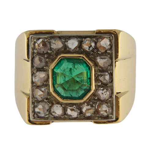 Bague 53.5 Bague en or jaune avec émeraude et diamants taille rose 58 Facettes G3869