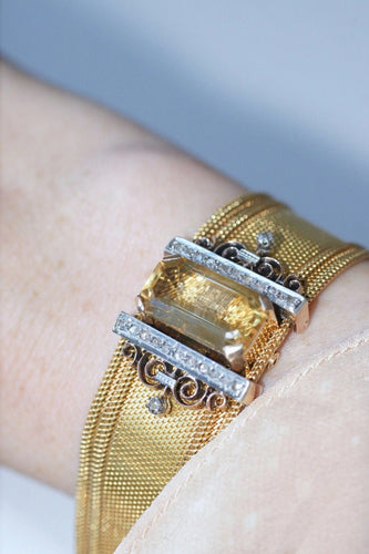 Bracelet Bracelet manchette maille milanaise, diamants et citrine 58 Facettes