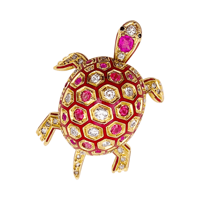 Broche Broche vintage, "Tortue", or jaune, émail, rubis. 58 Facettes 34164