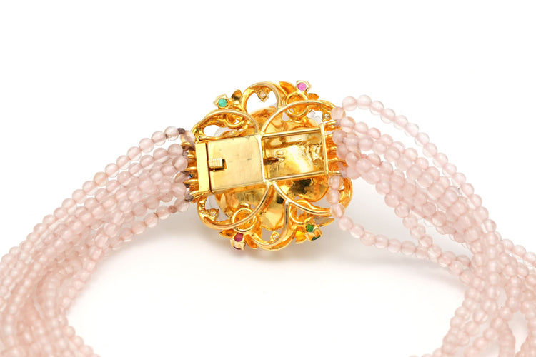 Bracelet Bracelet chinois contemporain or jaune, quartz rose, émeraudes, rubis et saphirs 58 Facettes 20743