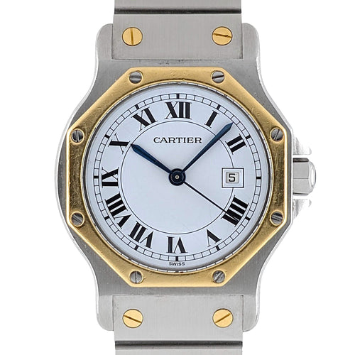 Montre Cartier Santos Round Octagon Date 2966 Large Octogonale Gold Stainless Steel 58 Facettes