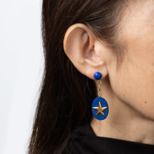 Lapis Lazuli Star Earrings Estate 2" Pendant Drops 18k Yellow Gold Fine Jewelry 58 Facettes G14129