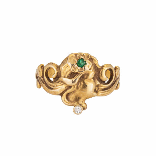 Bague 55 Bague vintage de style Art Nouveau en or jaune, diamants et émeraude 58 Facettes G13718
