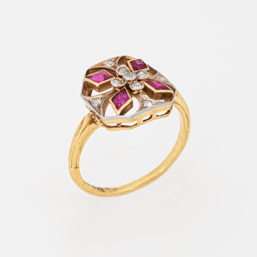 Bague Bague ancienne édouardienne en or jaune 18 carats avec rubis et diamants, taille 6,5, bijoux en platine 58 Facettes G13951