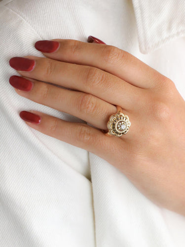 Bague 56 Bague ancienne fleur or jaune pierre blanche 58 Facettes 1CA0000012/1