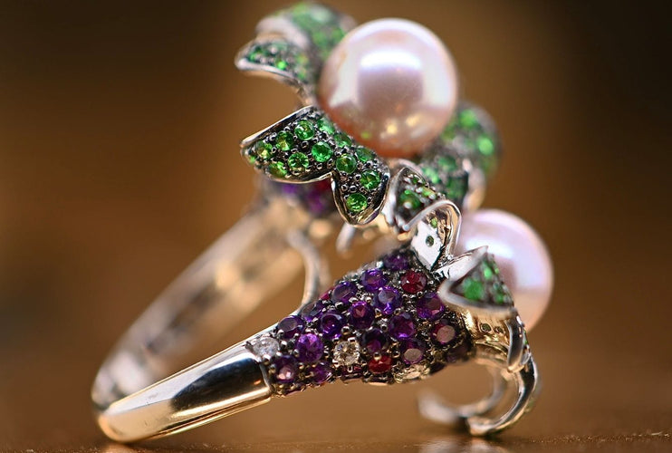 Bague 56 Bague Cocktail Perle Émeraude Améthyste Diamants Rubis 58 Facettes