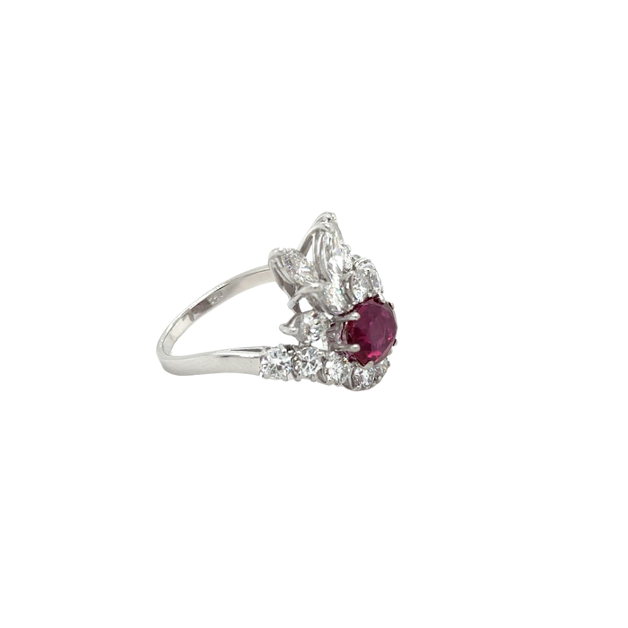 70s Cocktail Ring White Gold Ruby Diamonds