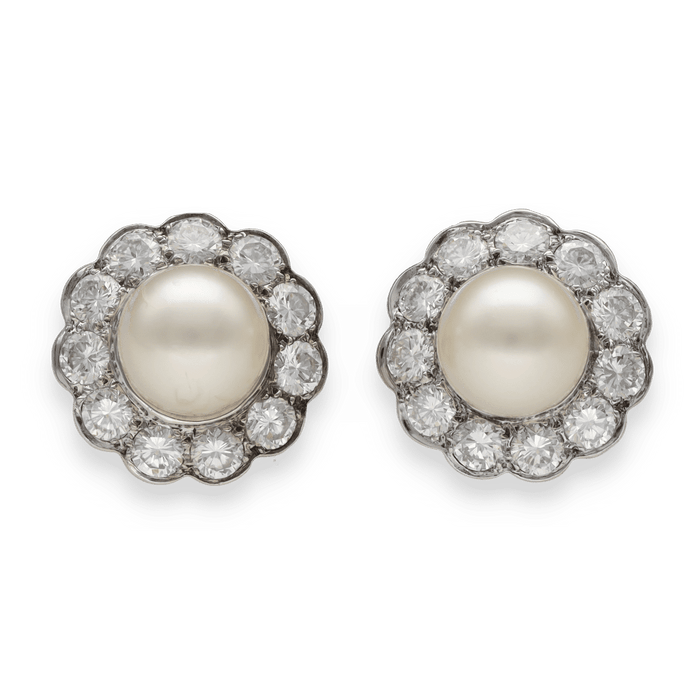 Gold earrings and platinum with diamonds and cultured pearls