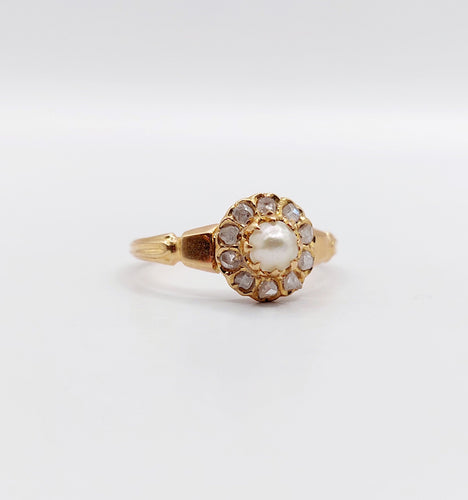 Bague 48.5 Bague marguerite antique or rose 18k perle et diamants taille roses (circa 1900) 58 Facettes A06176