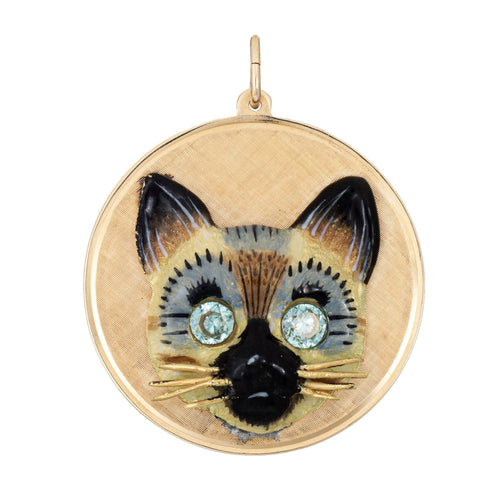 Pendentif Pendentif médaillon chat siamois vintage des années 60 en or jaune 14 carats 58 Facettes G13898