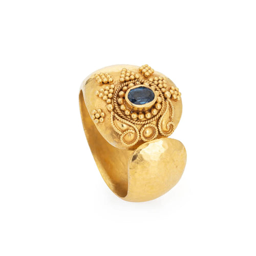 Bague Bague manchette vintage en saphir en or jaune 22 carats Taille 6, large bande, bijoux grecs 58 Facettes G13483