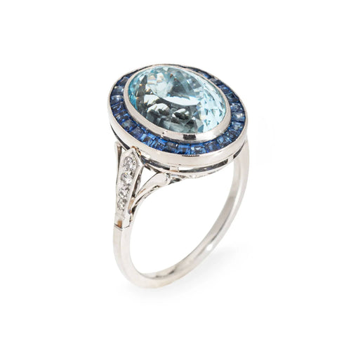 Bague Bague de fiançailles en platine avec saphir aigue-marine de 5,25 ct et diamants, 6 bijoux 58 Facettes G13367