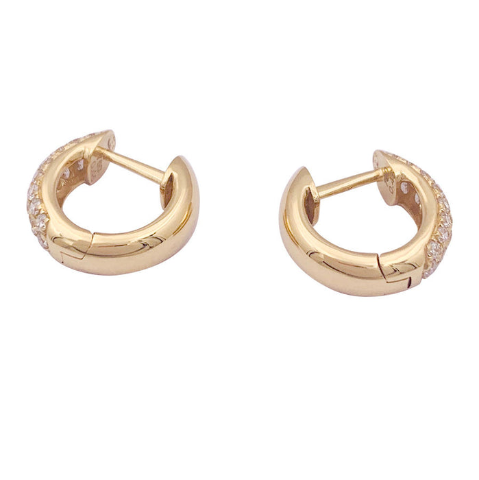 Yellow gold and diamond hoop earrings.