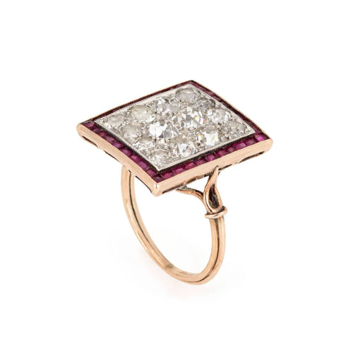 Bague 54 Bague Art Déco en or jaune 14 carats avec diamants et rubis de 2,50 ct, taille carrée, taille 6,75 58 Facettes G13553