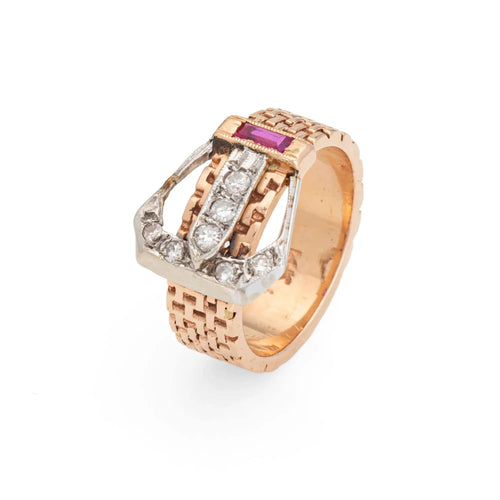 Bague Retro Buckle Ring Diamond Sz 6 Band 14k Rose Gold Vintage Fine Jewelry 58 Facettes 15467