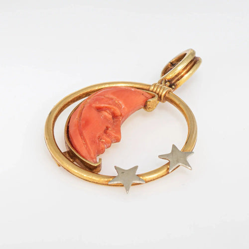 Pendentif Pendentif en corail sculpté Homme dans la lune Croissant d'étoile Or 18 carats Bijoux célestes 58 Facettes G13736