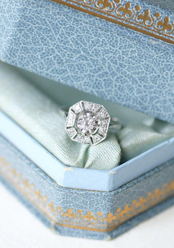 Prsten Art Deco oktagonalni, belo zlato, Platinum, dijamanti 