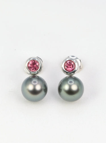 Boucles d'oreilles Boucles d’oreilles vintage en or, perles de Tahiti et tourmalines roses 58 Facettes 391.9