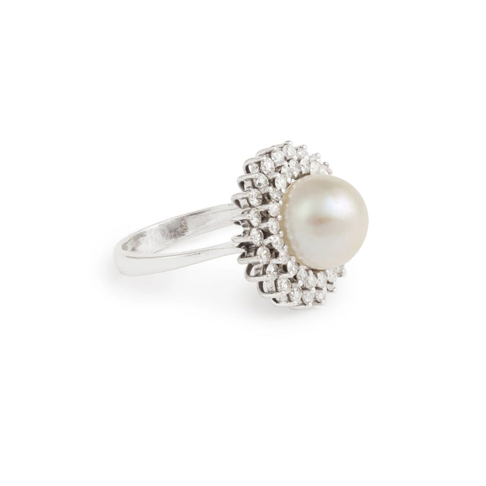 Ring Daisy white gold, 10mm pearl, diamonds