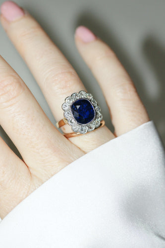Bague 54 Bague Pompadour Art Déco or, Saphir Siam Non Chauffé et Diamants 58 Facettes