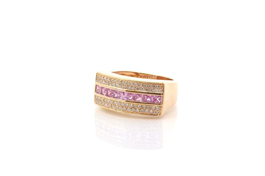 Anello vintage con zaffiri rosa e diamanti in oro