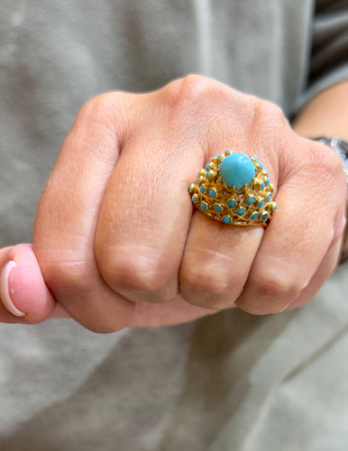 Bague 55 Bague ancienne en or jaune et turquoises 58 Facettes