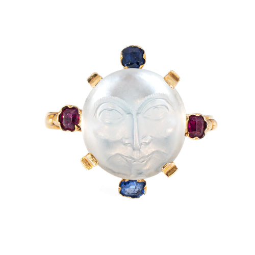 Bague 53.5 Bague victorienne antique en or jaune 14 carats avec pierre de lune et homme dans la lune 58 Facettes G13683